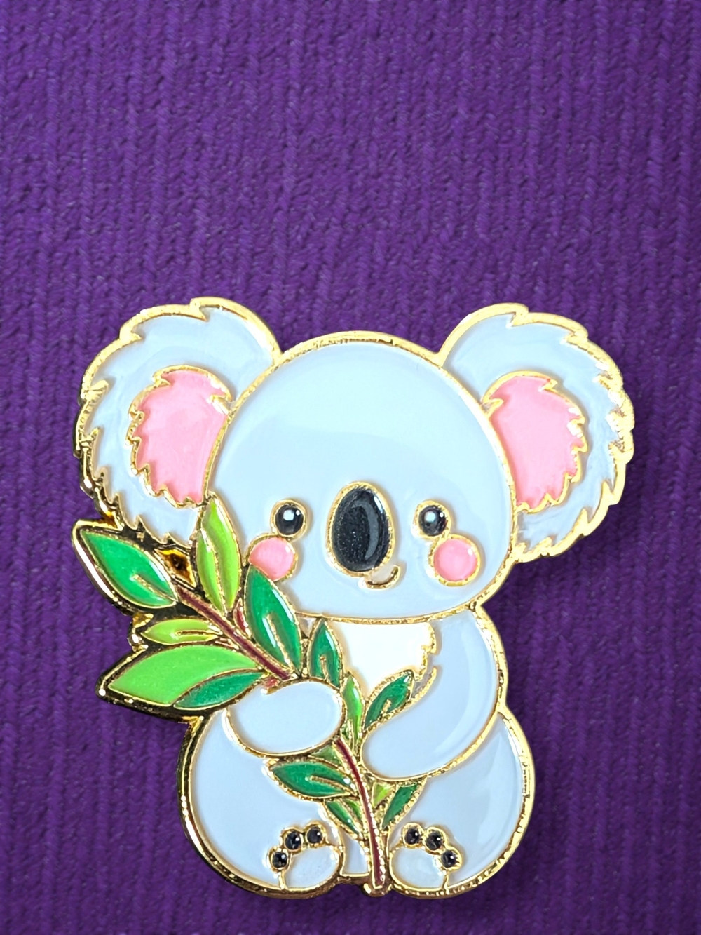 Cute Koala Holding Leaves Enamel Pin  Grey, Pink & Green